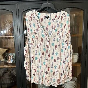 Torrid Cactus Print Blouse in Cream and Teal